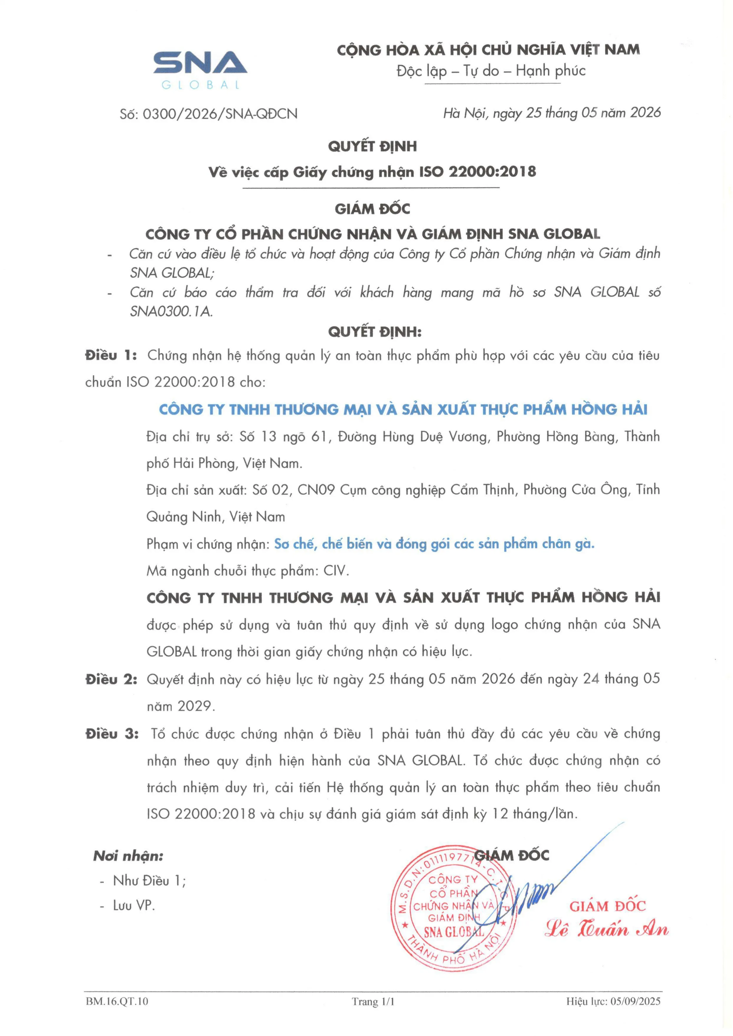 Giấy Chứng nhận ISO 22000:2018 của đơn vị sản xuất